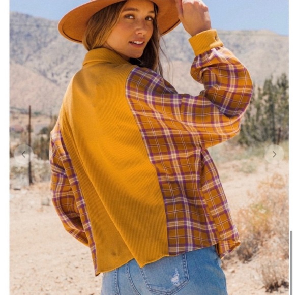 New! Mustard Plaid Corduroy Button Up Shirt Relaxed Top. - Picture 5 of 5